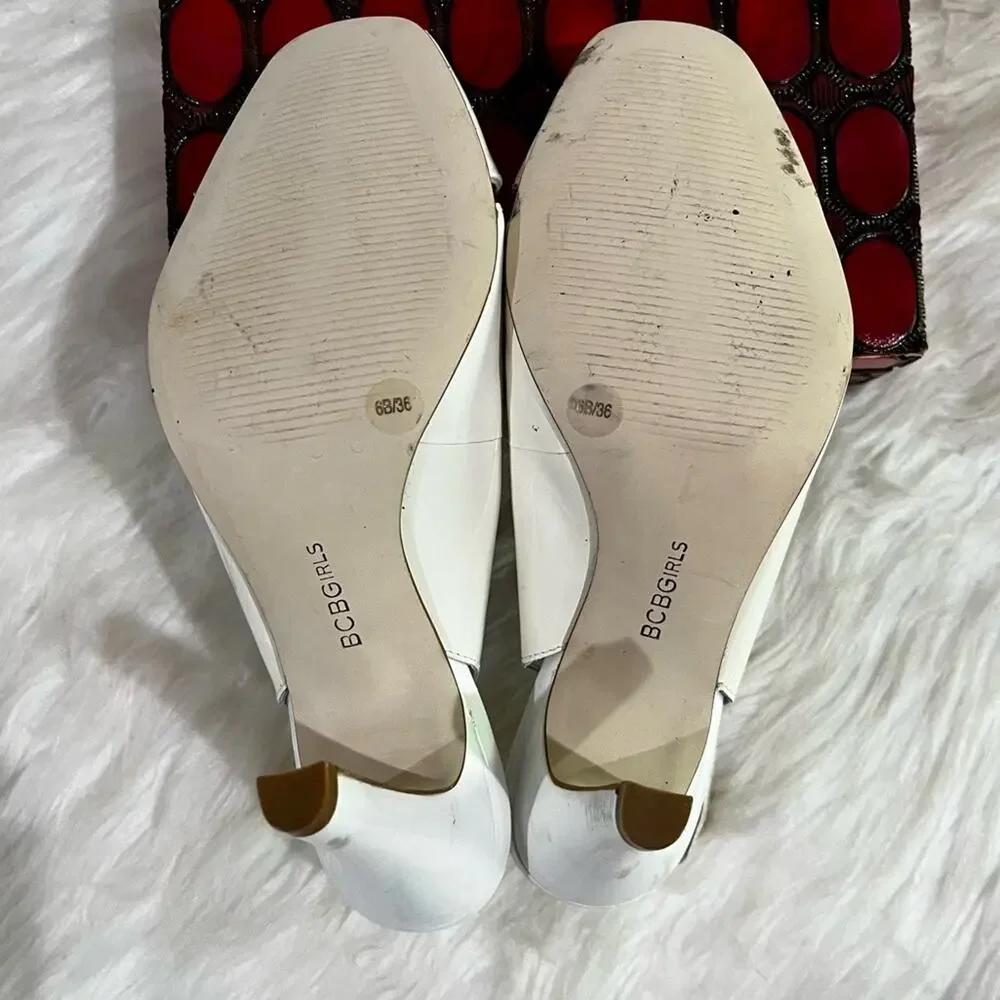 NEW BCBG Girls Patent Leather Buckle Peep Toe Slingback Heels White 36 6 AS IS